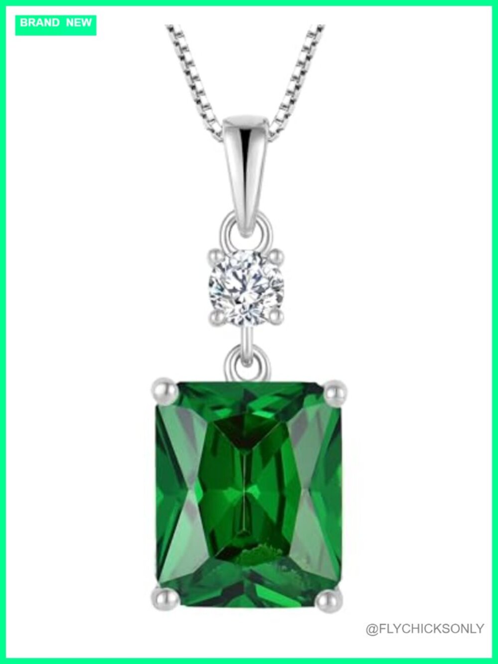 Sterling Silver 18K White Gold Plated Created Emerald Cushion Pendant Necklace